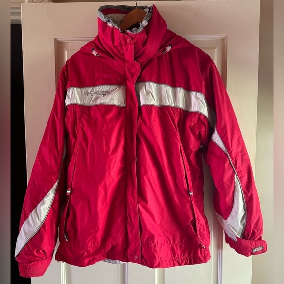 Columbia Interchange Jacket Women s Large Red Core Full Zip 3 in 1 Hooded Fleece - Picture 1 of 6